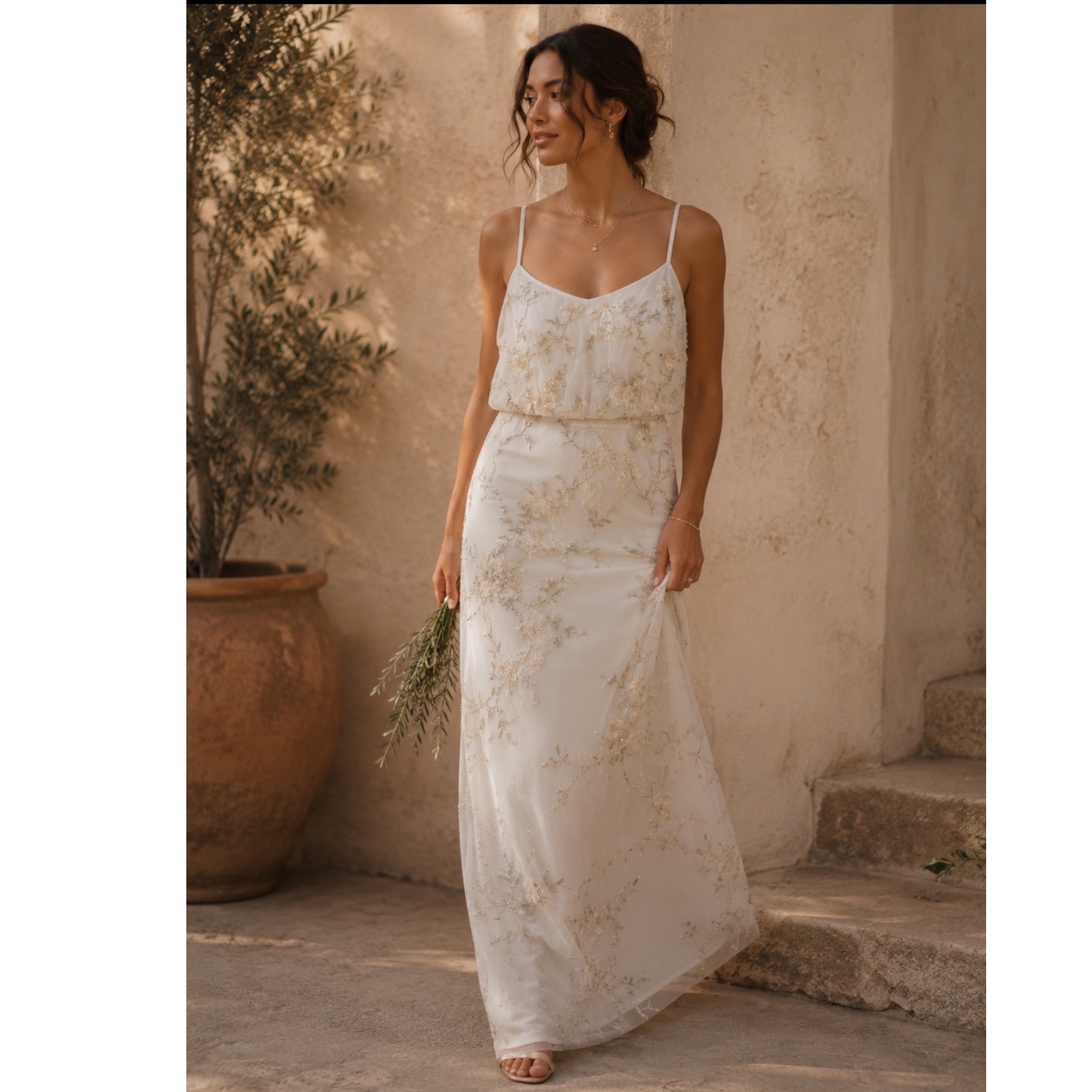 New Adrianna Papell Beaded Long Dress Ivory Formal Gown Women 12 Floral Maxi